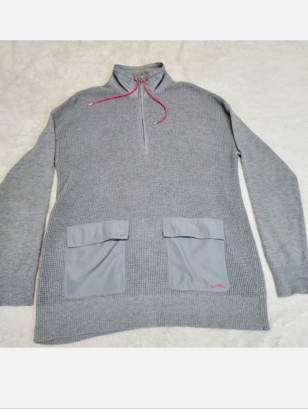 Lauren Ralph Lauren Gray Waffle Knit 1/4 Zip Sweater Women Medium Casual Classic